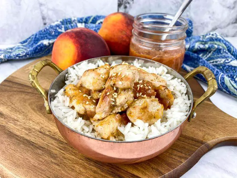 Chicken Rice with peach in serving bowl