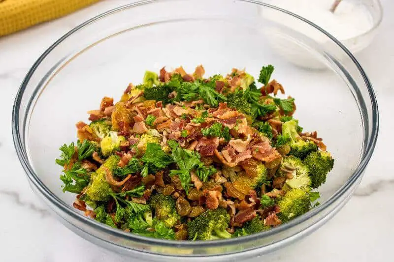 Roasted Broccoli Raisin Salad with Bacon Bits - Tiny Kitchen Divas