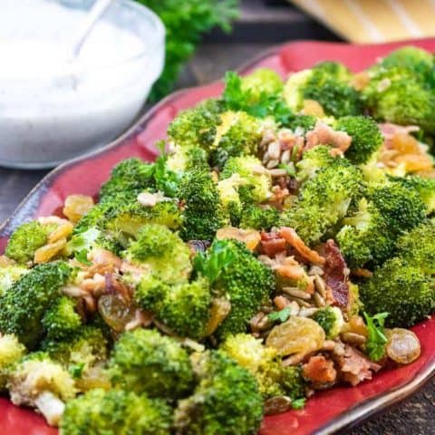 Roasted Broccoli Raisin Salad with Bacon Bits 