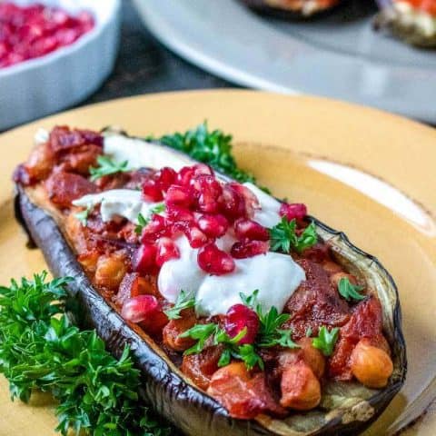 Spiced Chickpea-Stuffed Eggplant with Tahini