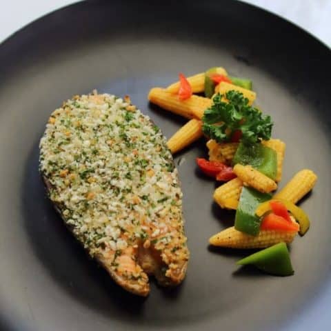 herb crusted baked salmon serving