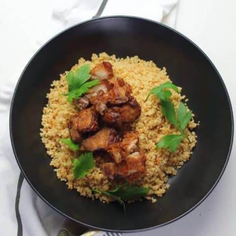 crispy pork belly on rice bowl