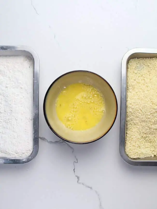 flour, egg and breadcrumbs