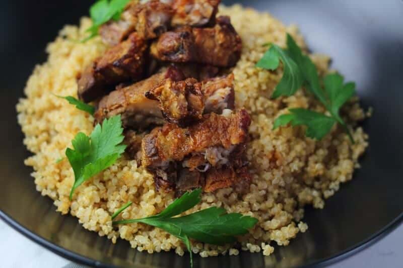 crispy pork belly on rice bowl