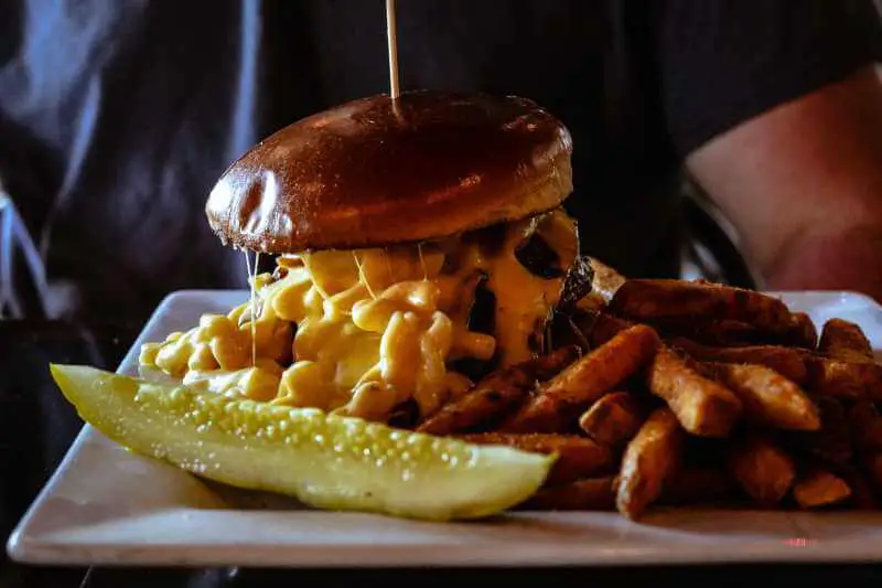 mac and cheese with burger and fries