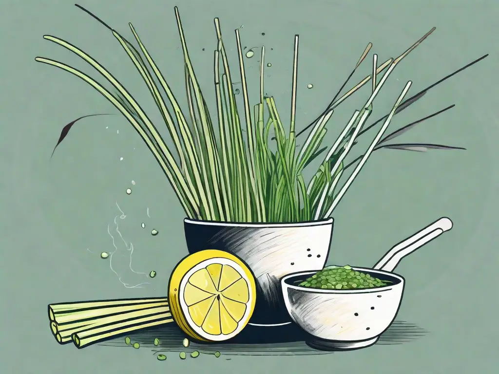 A vibrant lemongrass plant in a pot with a few lemongrass stalks cut open