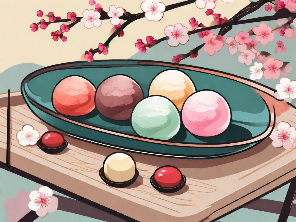A variety of colorful mochi ice cream balls on a traditional japanese serving platter