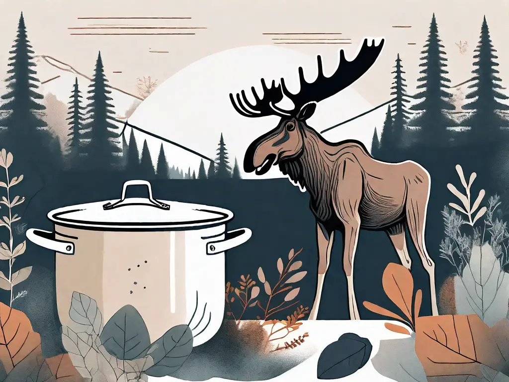 A moose in a natural setting with various culinary elements like herbs