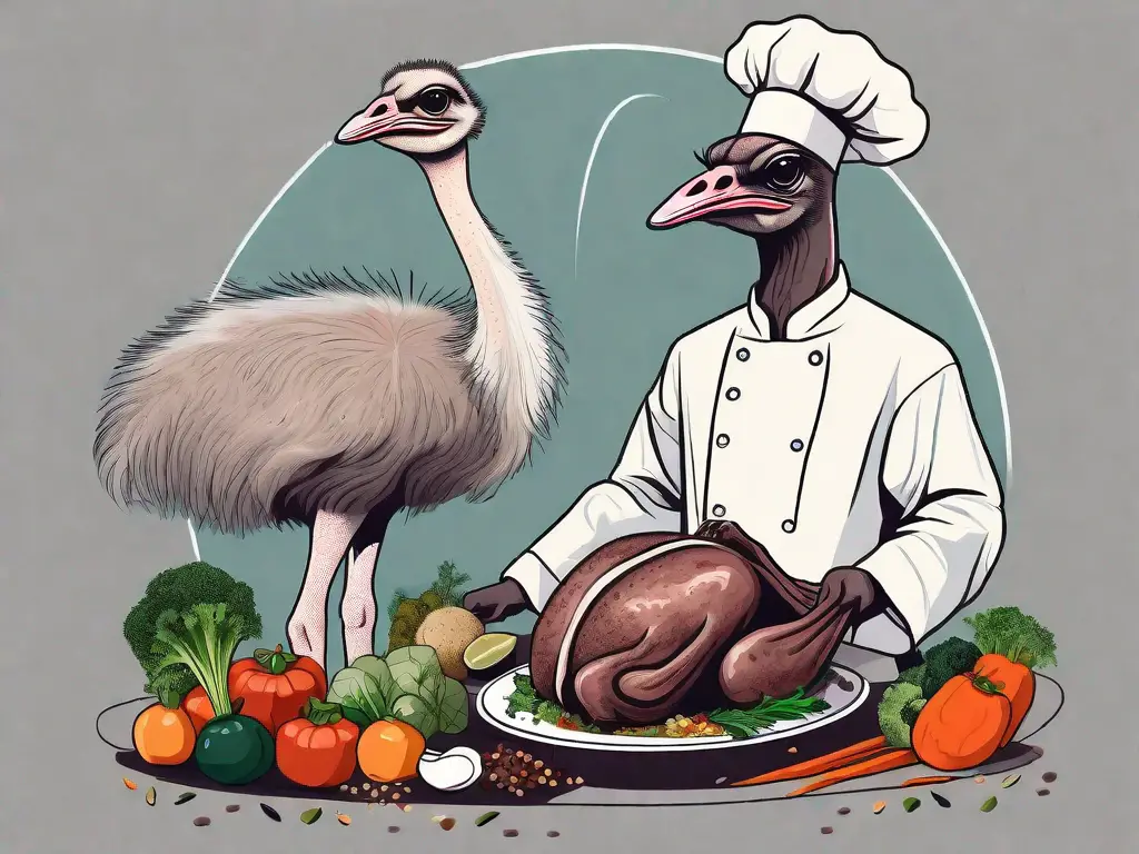 An ostrich in a chef's hat holding a silver platter with a cooked ostrich steak on it