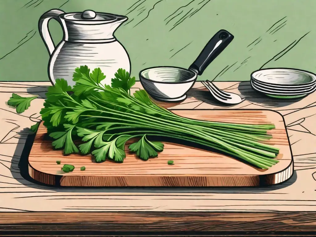 Fresh parsley leaves on a cutting board with a knife nearby