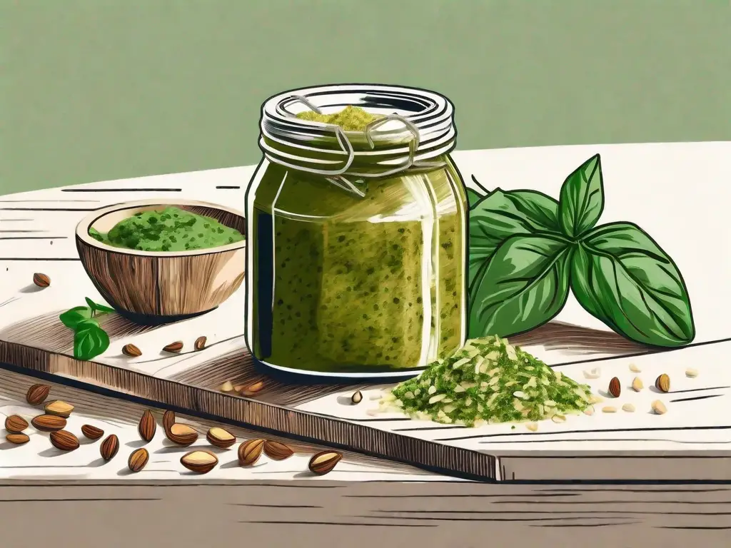 A rustic wooden table with a jar of vibrant green pesto