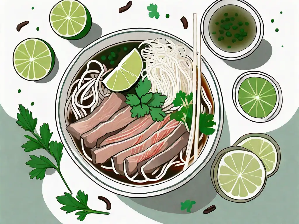 A steaming bowl of pho with visible ingredients like noodles