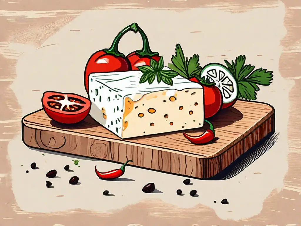 A piece of queso fresco cheese on a rustic wooden board