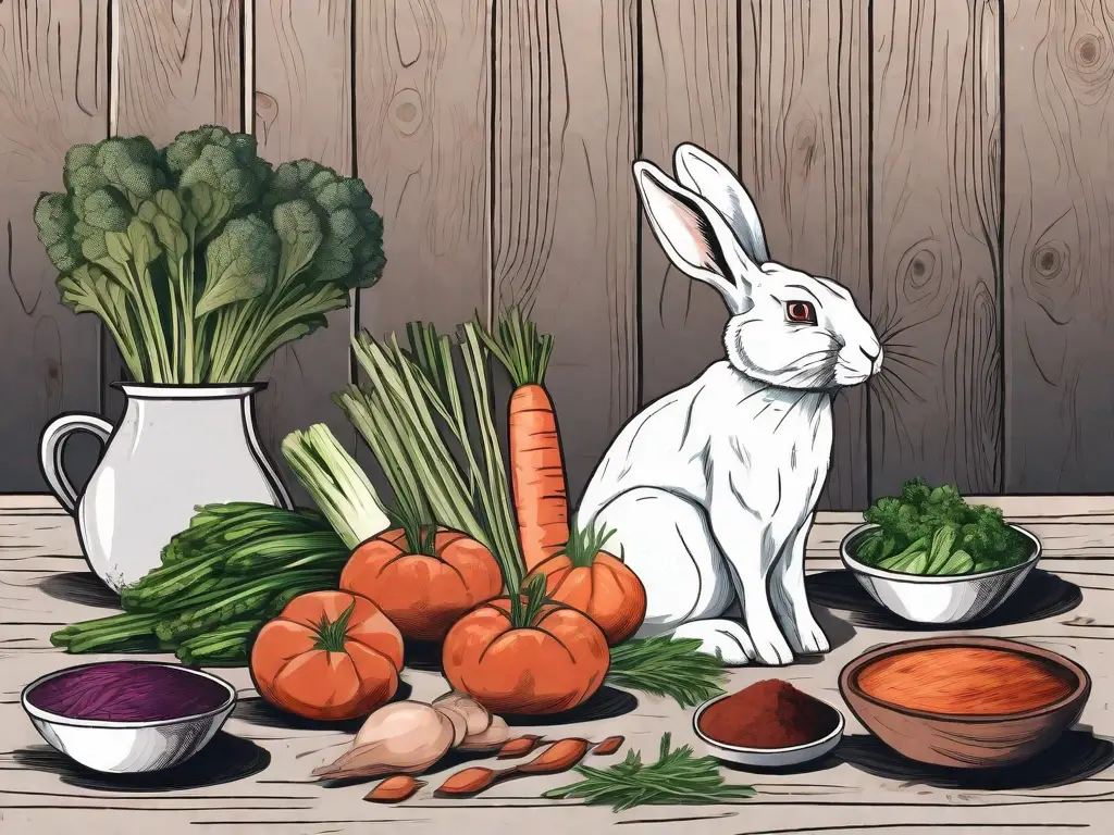 A rabbit sitting next to a variety of ingredients typically used in cooking