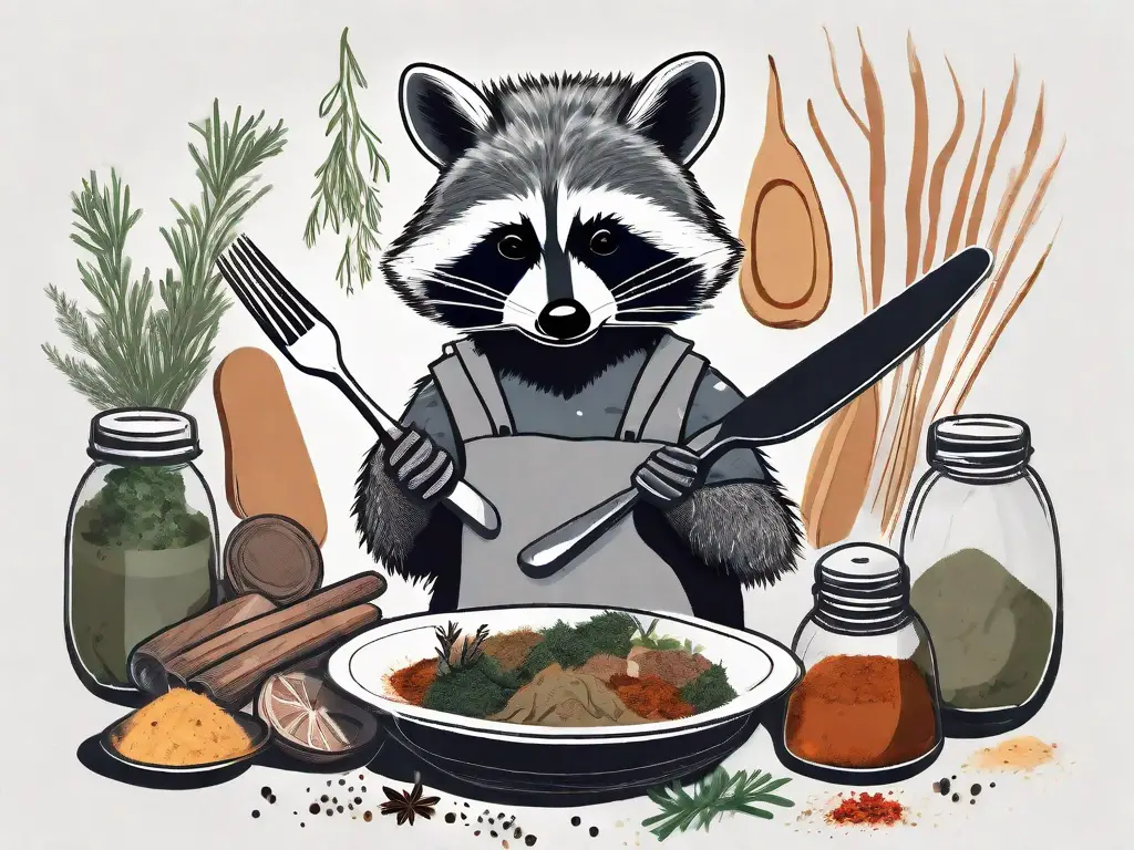 A curious raccoon holding a fork and knife