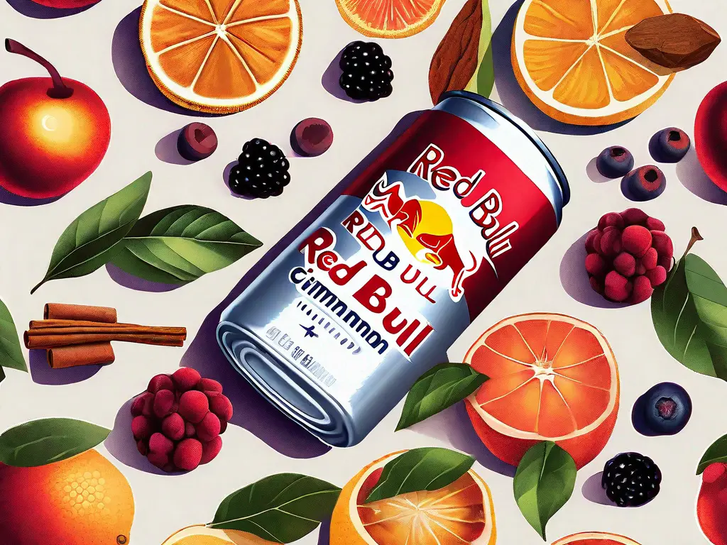 A can of red bull surrounded by a variety of fruits and spices