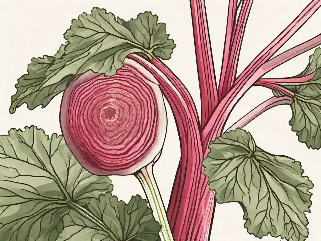Freshly harvested rhubarb stalks with a cross-section revealing the inside texture