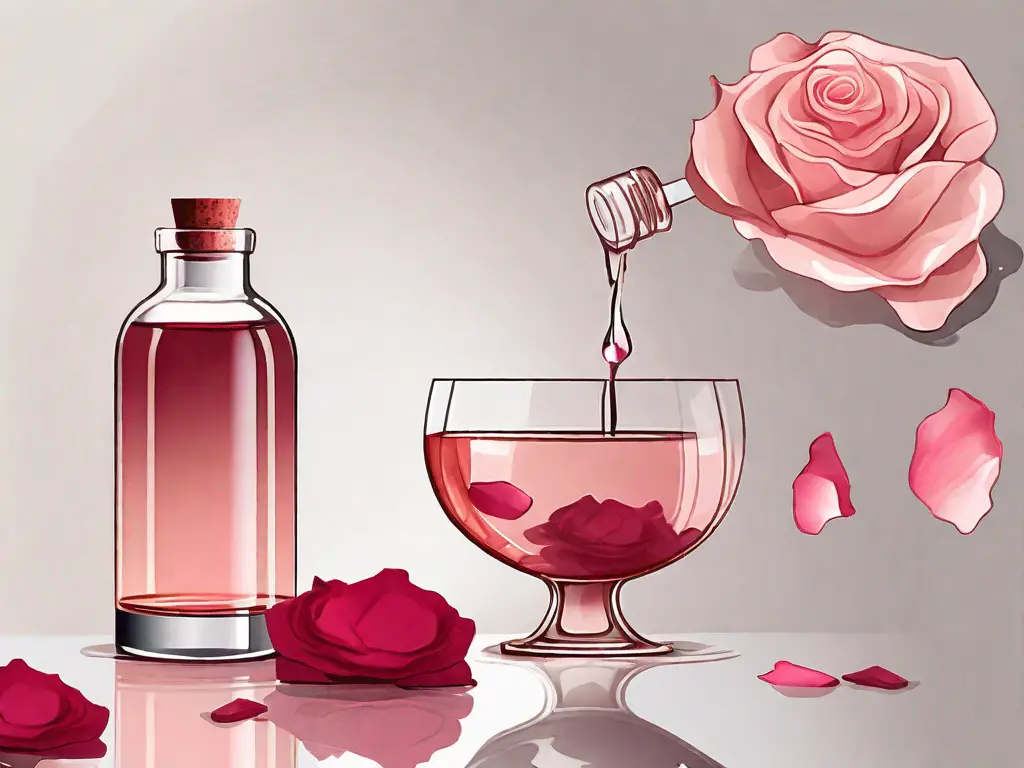A glass of rose water with rose petals floating in it