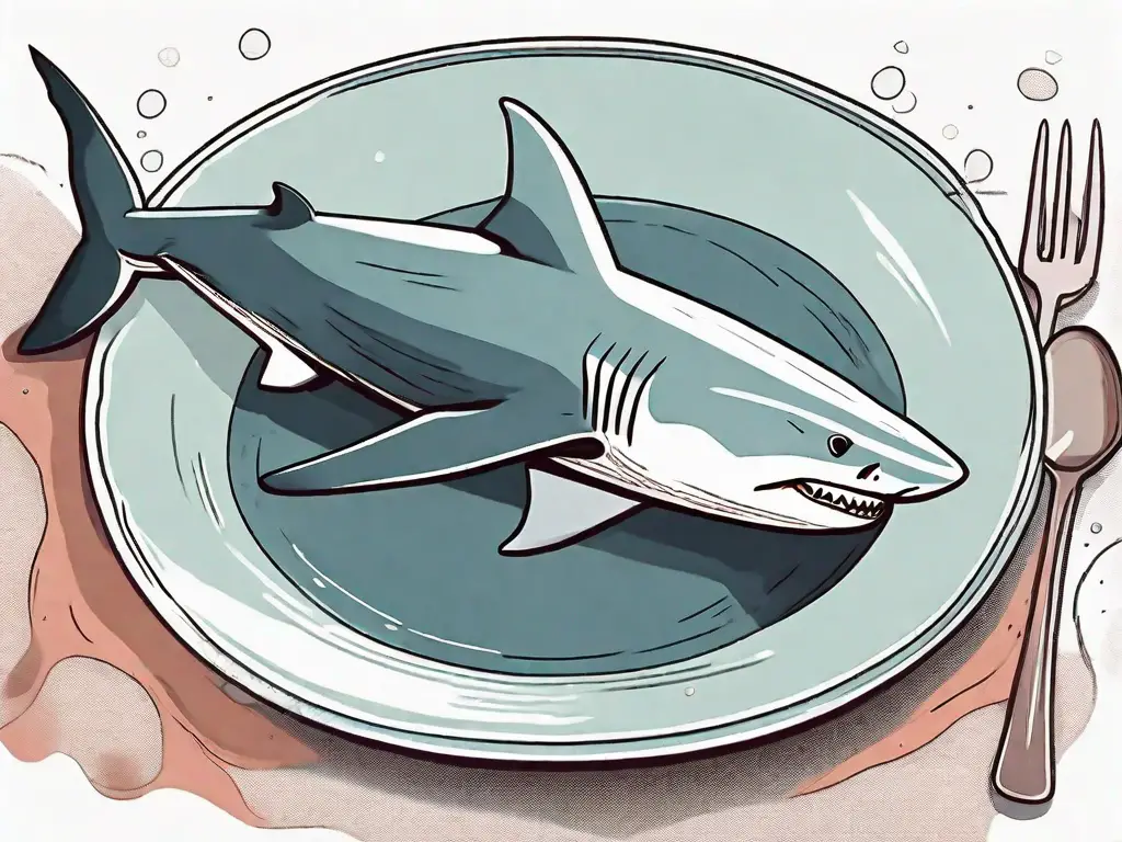 A shark swimming in the ocean with a plate of cooked shark meat in the foreground