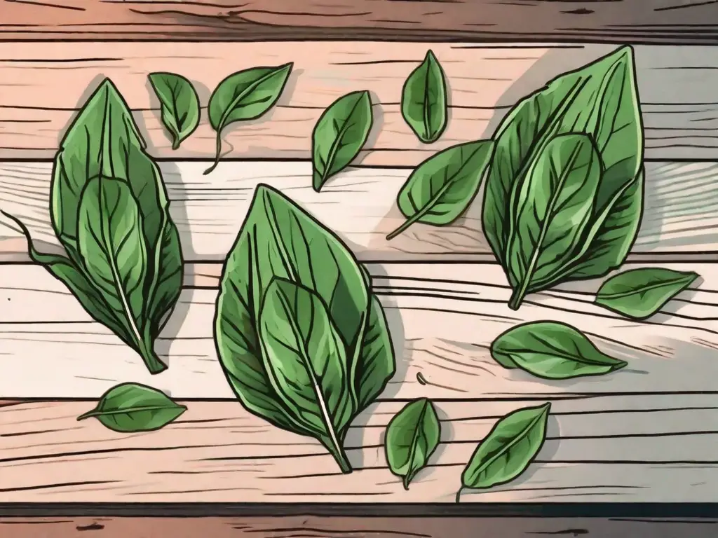 A bunch of fresh sorrel leaves on a rustic wooden table