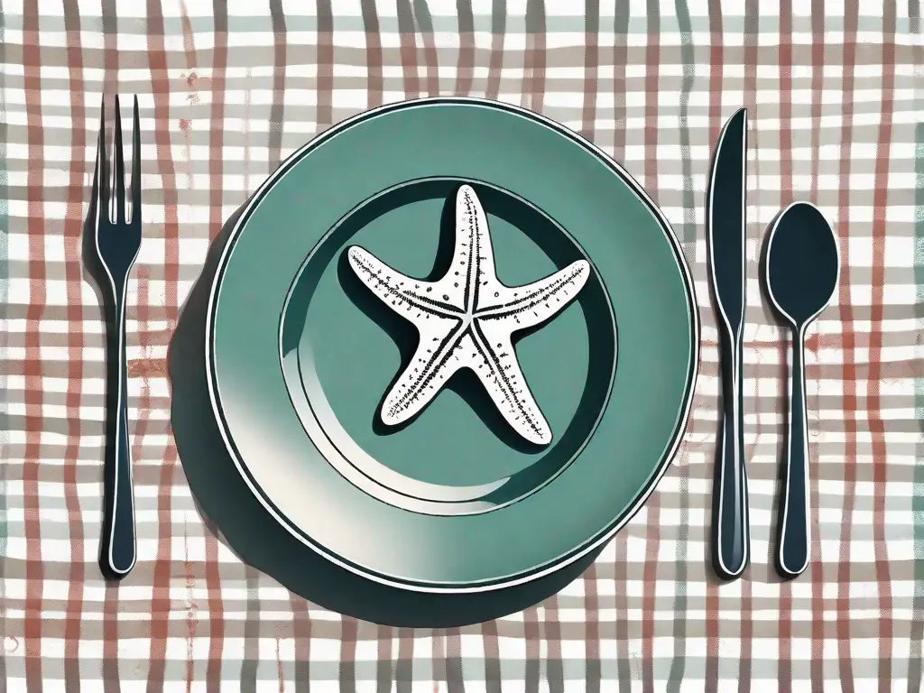 A starfish on a plate with a fork and knife beside it
