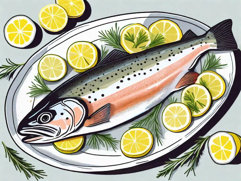 A steelhead trout on a plate with lemon slices and herbs
