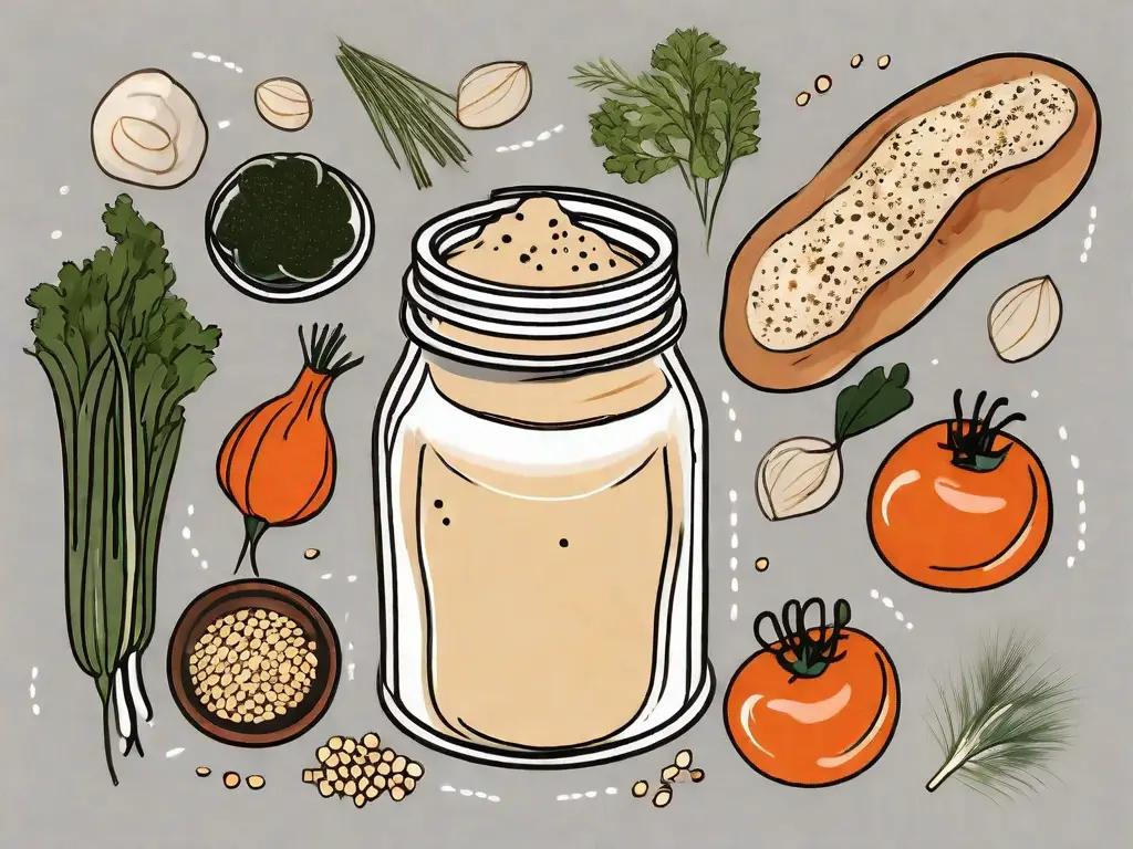 A jar of tahini surrounded by sesame seeds and various foods like vegetables and bread that it can be paired with