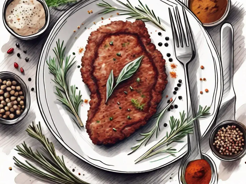 A veal cutlet on a plate with a fork and knife next to it