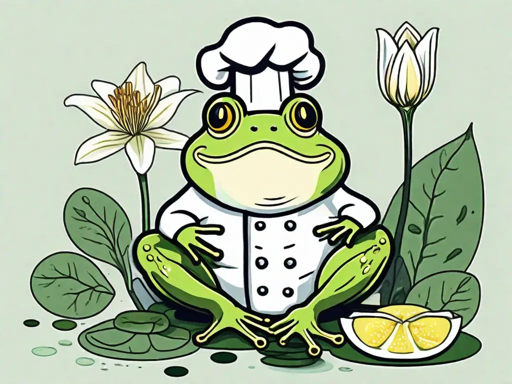 A curious frog sitting on a lily pad with a chef's hat
