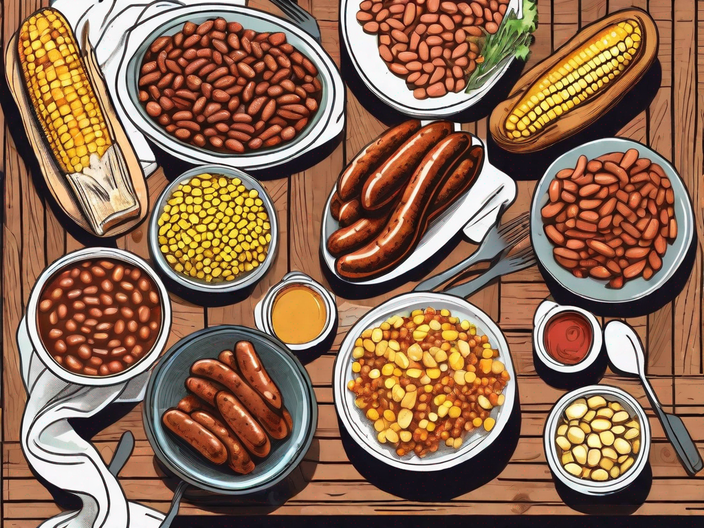 A rustic wooden table laden with a variety of foods such as a bowl of baked beans