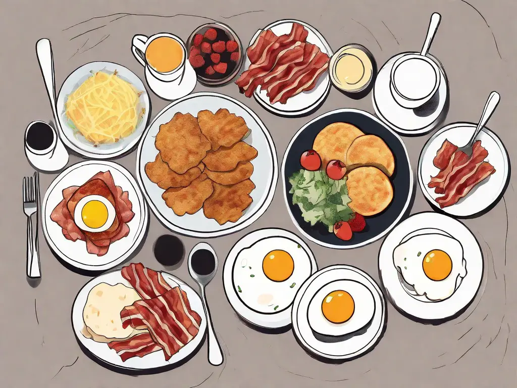 A breakfast table setting featuring hash browns accompanied by various foods like eggs