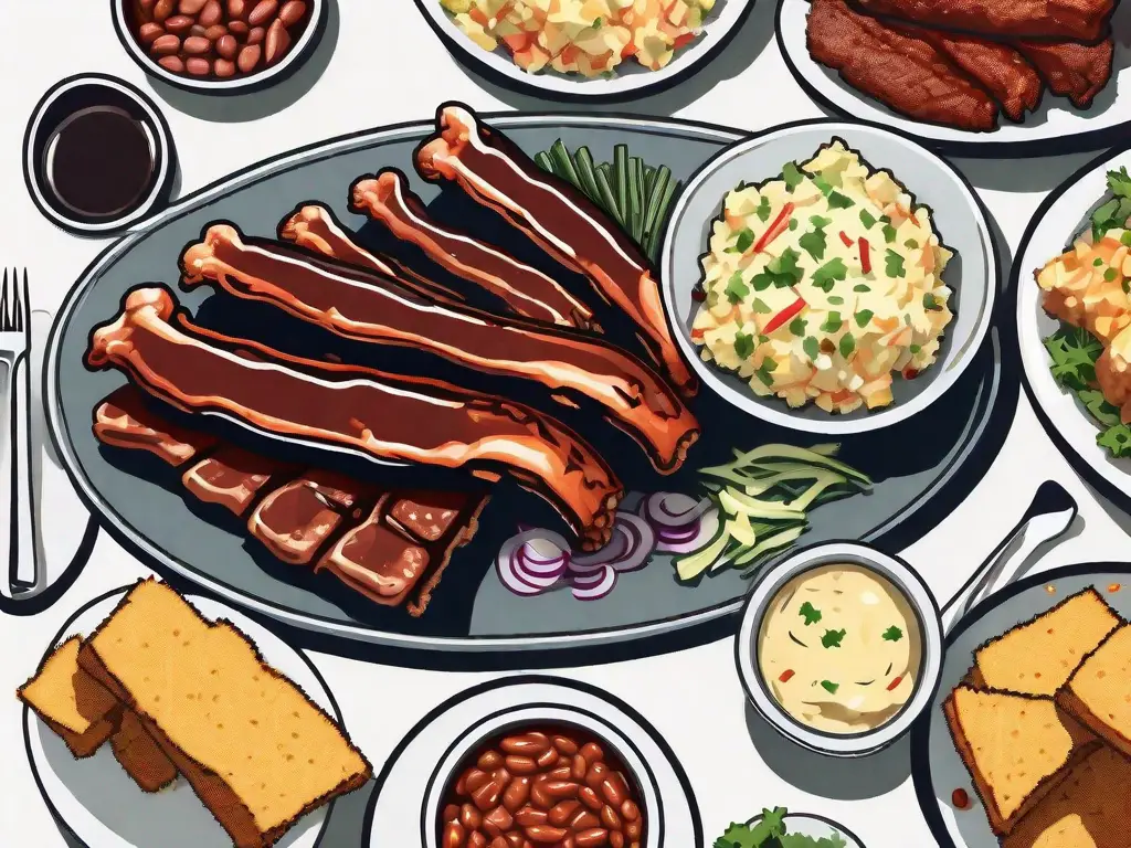 A platter of bbq ribs surrounded by various side dishes like cornbread