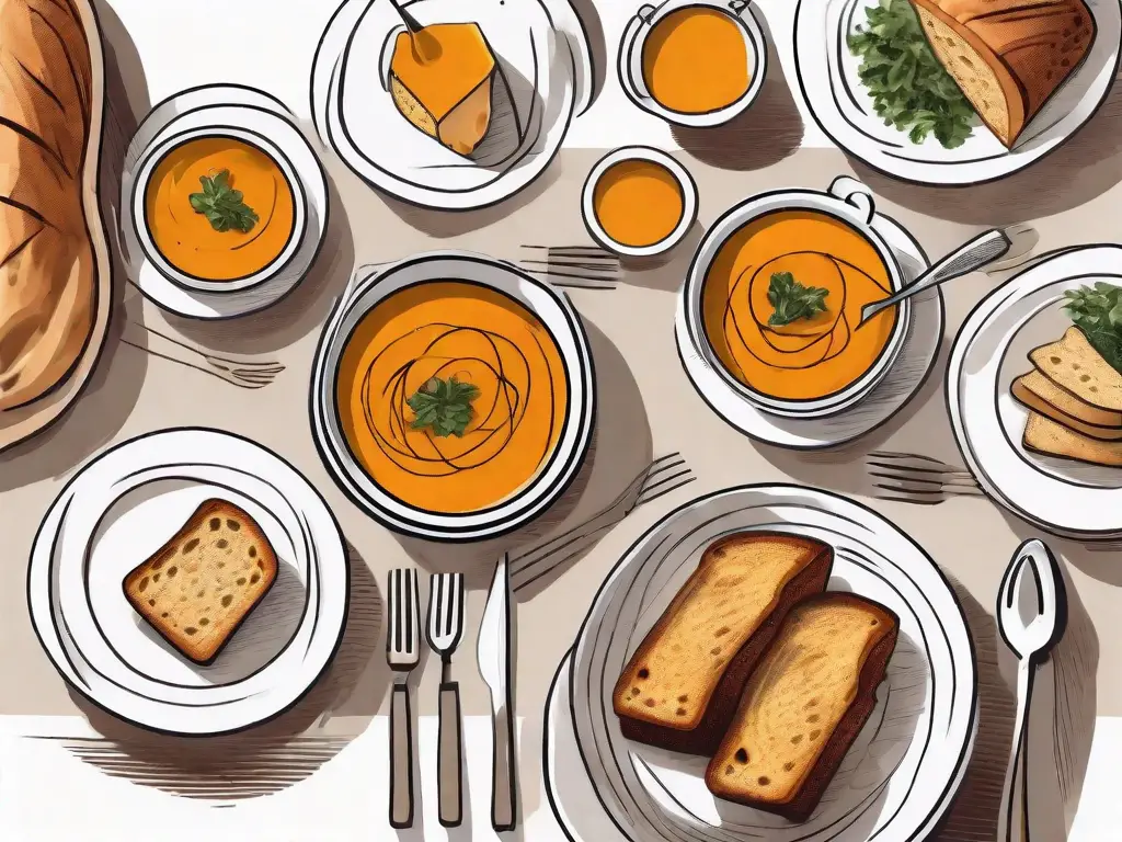 A rustic dining table set with a bowl of butternut squash soup