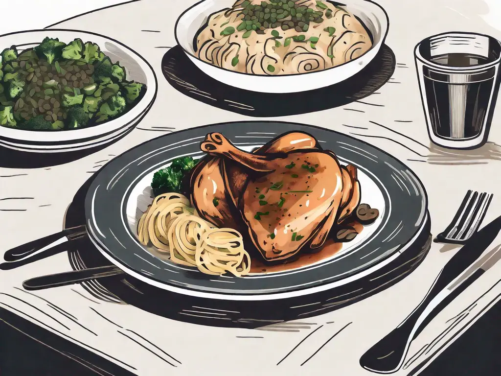 A table setting featuring a plate of chicken marsala surrounded by various side dishes like mashed potatoes