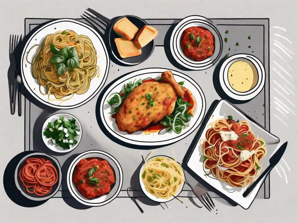 A table spread with chicken parmesan in the center