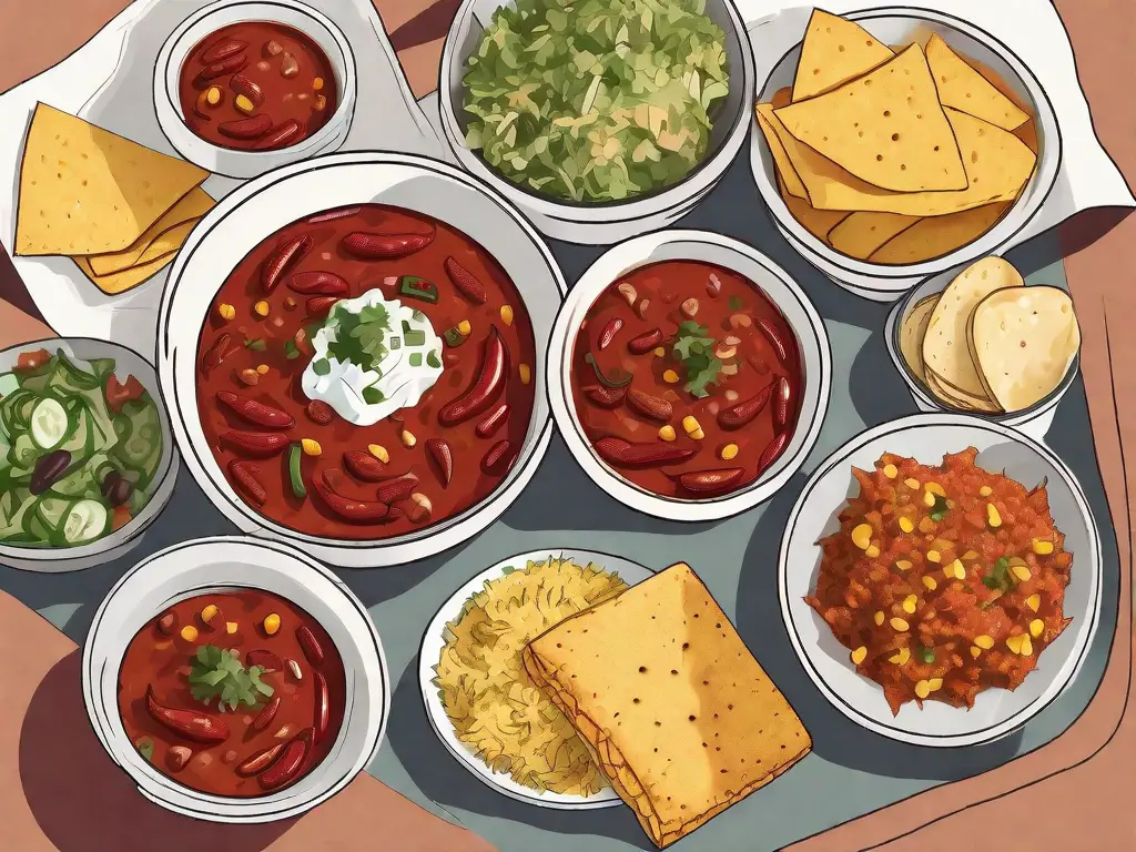 A bowl of chili surrounded by various side dishes like cornbread
