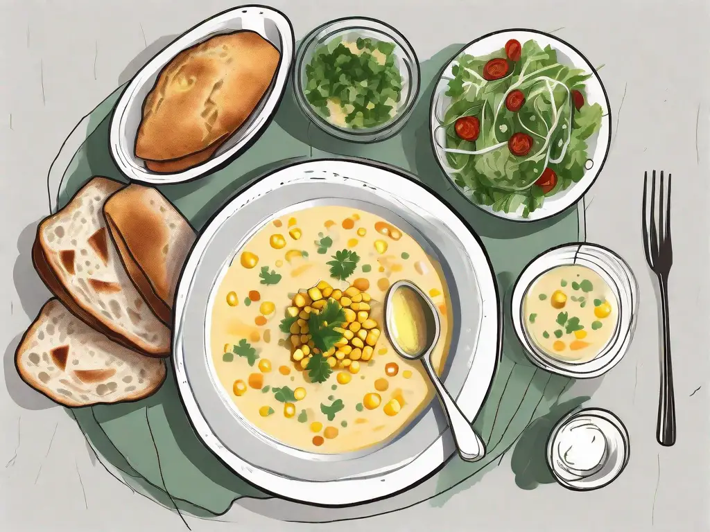 A rustic table setting featuring a bowl of corn chowder
