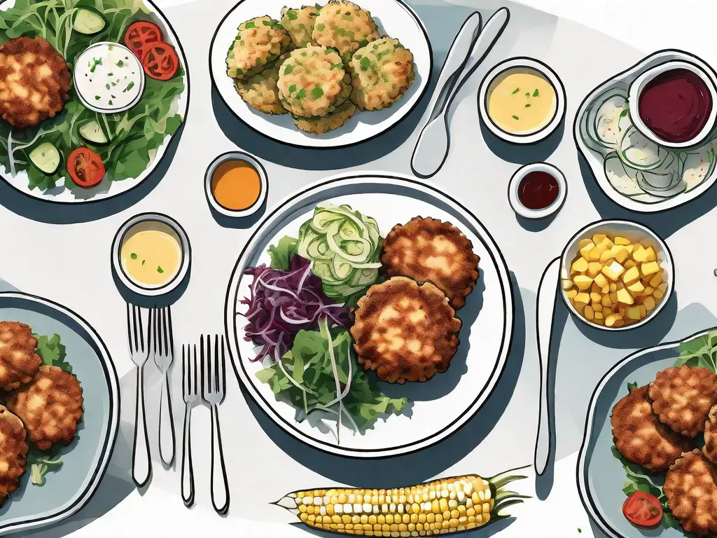 A dining table set with crab cakes on a plate