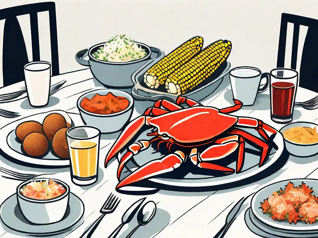 A dining table setting featuring crab legs on a platter