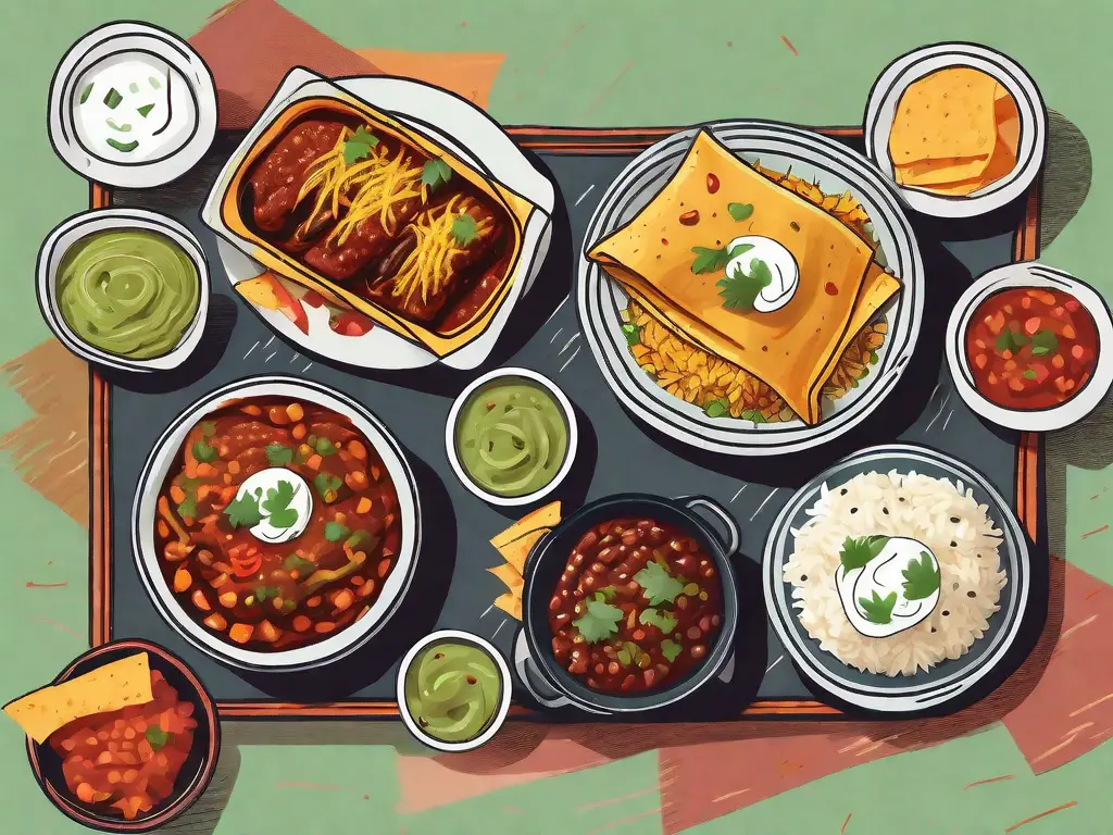 A colorful table spread featuring enchiladas surrounded by various side dishes such as rice