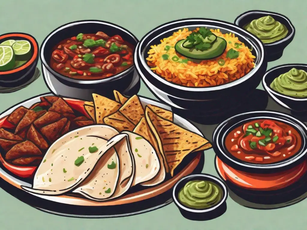 A colorful spread of various side dishes like guacamole
