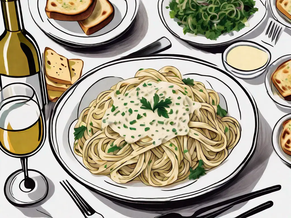 A dining table set with a large bowl of fettucine alfredo in the center