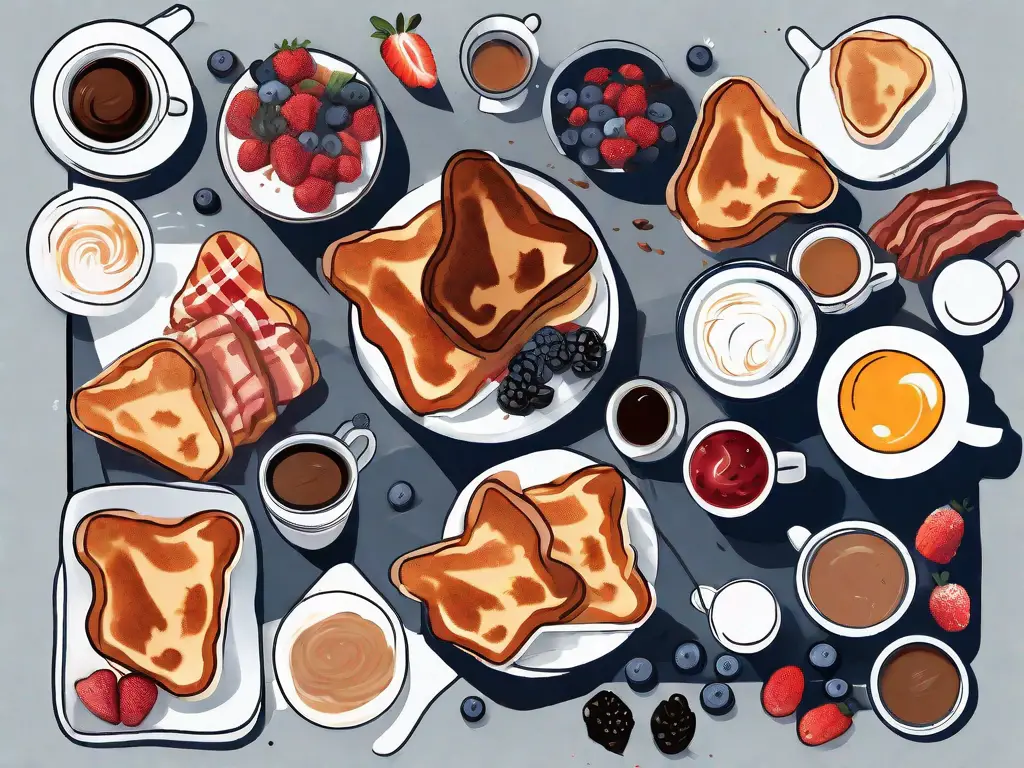 A breakfast spread featuring french toasts in the center