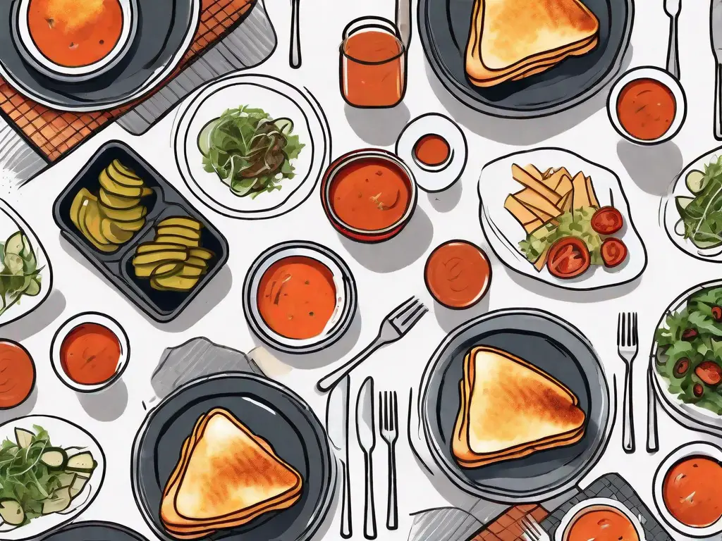 A table setting featuring a grilled cheese sandwich in the center