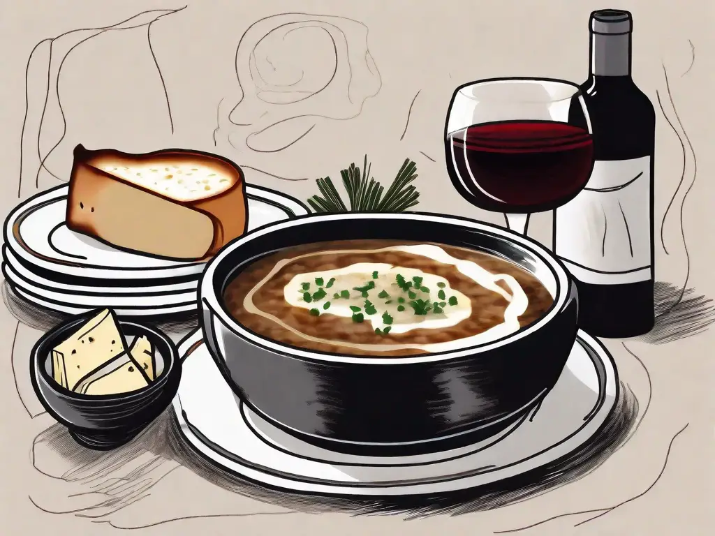 A rustic table setting featuring a steaming bowl of french onion soup
