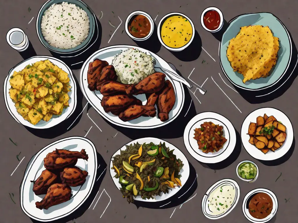 A table spread featuring jerk chicken surrounded by various side dishes such as rice and peas
