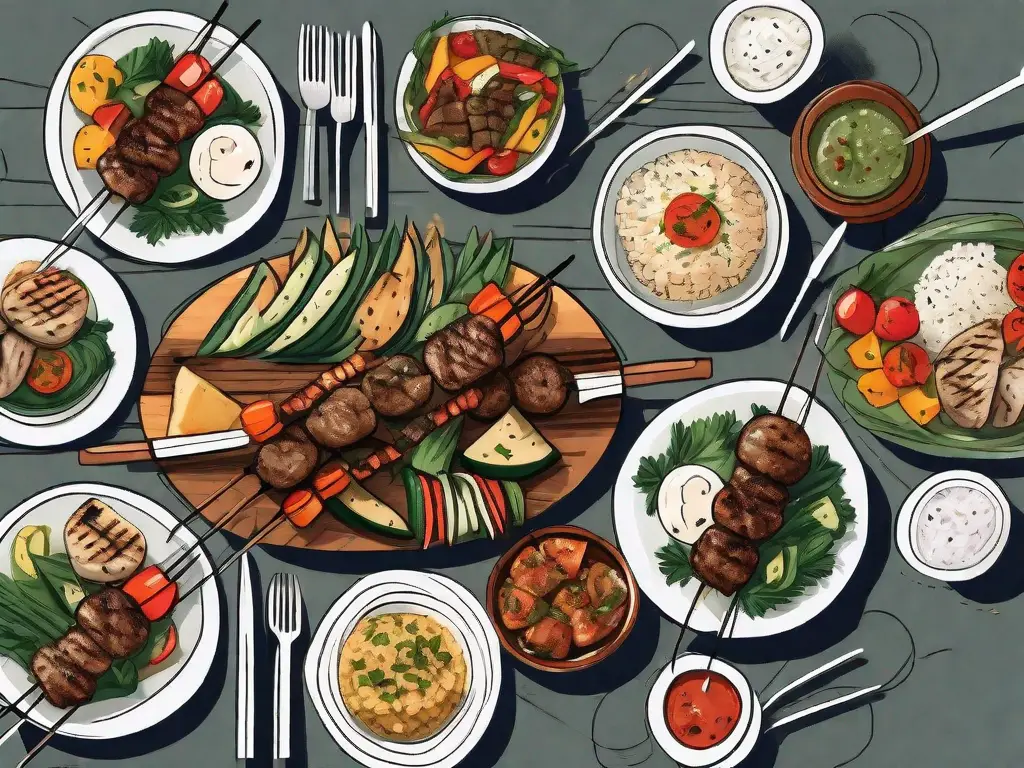 Various types of kabobs surrounded by different sides such as rice