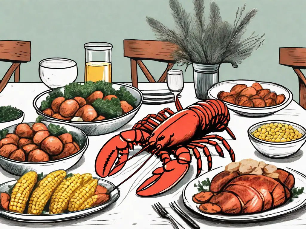 A dining table with lobster tails as the centerpiece