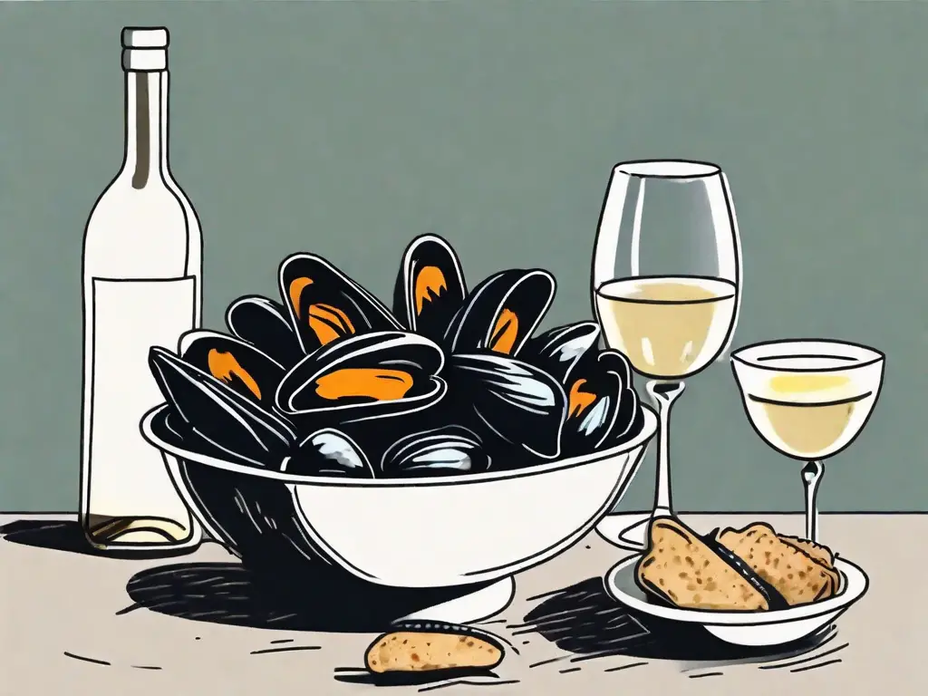 A table setting with a large bowl filled with mussels