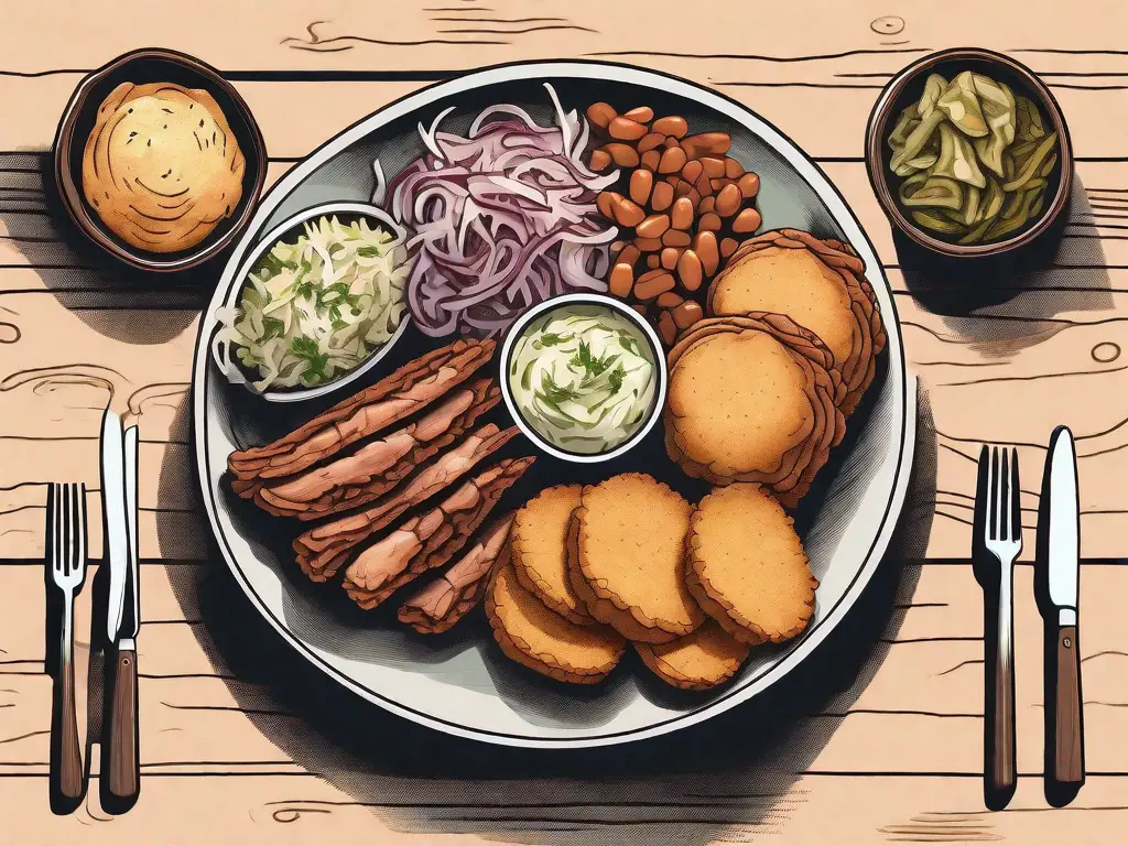 A rustic wooden table spread with various dishes such as coleslaw